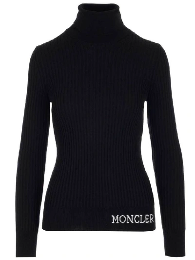 Shop Moncler Turtleneck Logo Sweater In Black