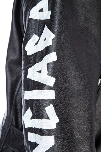 Shop Balenciaga Logo Printed Leather Jacket In Black