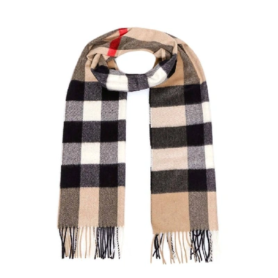 Shop Burberry Icon Check Fringed Scarf In Beige