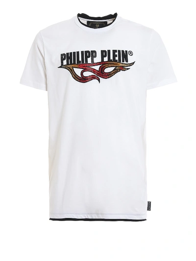 Shop Philipp Plein Flame Crystal Logo White T-shirt
