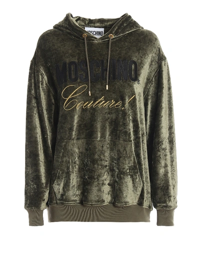 Shop Moschino Logo Embroidery Velvet Hoodie In Green