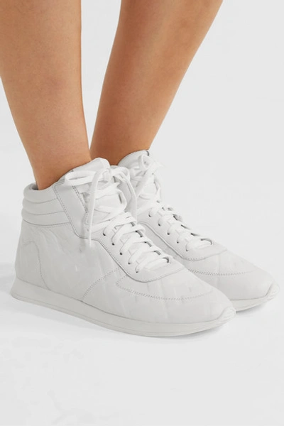 Shop Fendi Logo-embossed Leather High-top Sneakers In White