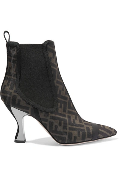 Shop Fendi Leather-trimmed Logo-print Mesh Sock Boots In Brown