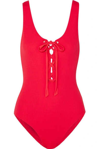 Shop Ganni Lace-up Ribbed Swimsuit In Red