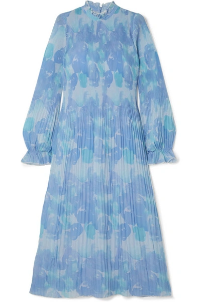 Shop Ganni Ruffled Pleated Printed Georgette Midi Dress In Sky Blue