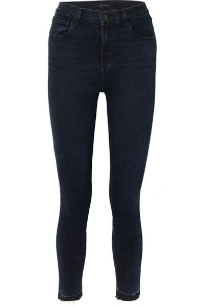 Shop J Brand Leenah Cropped Frayed High-rise Skinny Jeans In Dark Denim