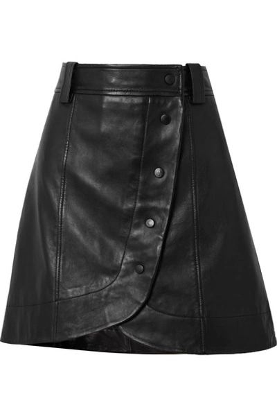 Shop Ganni Asymmetric Leather Wrap Mini Skirt In Black