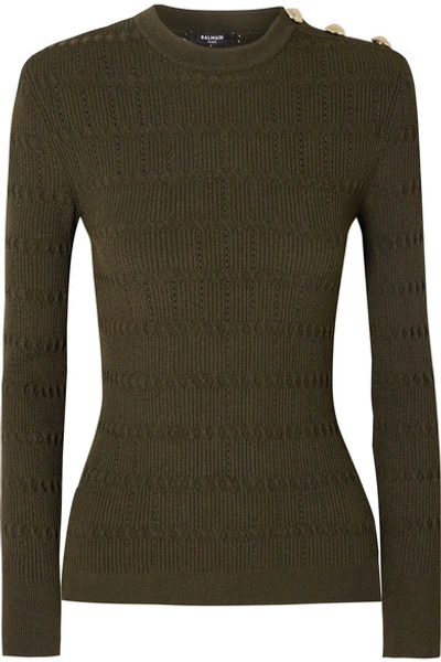 Shop Balmain Button-embellished Pointelle-trimmed Jacquard-knit Sweater In Army Green