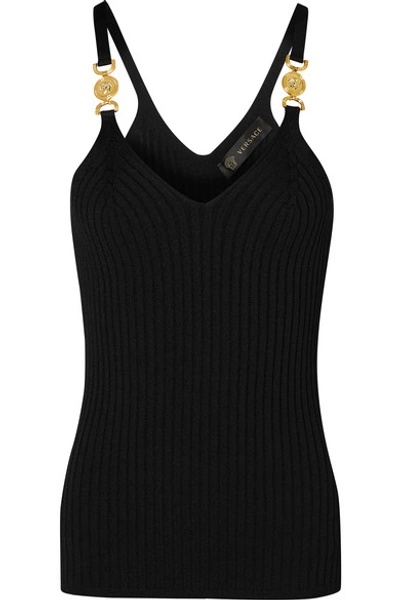 Shop Versace Embellished Ribbed-knit Camisole In Black