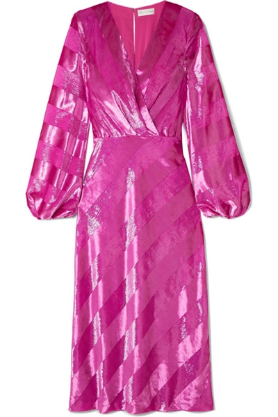 Shop Rebecca Vallance Maison Striped Metallic Velvet Midi Dress In Magenta