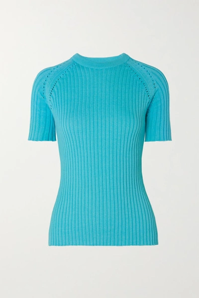 Shop Anna Quan Billie Pointelle-trimmed Ribbed Cotton Sweater In Azure