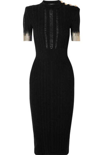 Shop Balmain Button-embellished Metallic Ribbed Silk, Wool And Cashmere-blend Midi Dress In Black