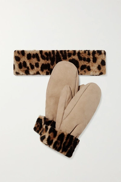 Shop Yves Salomon Leopard-print Shearling Mittens And Headband Set In Leopard Print