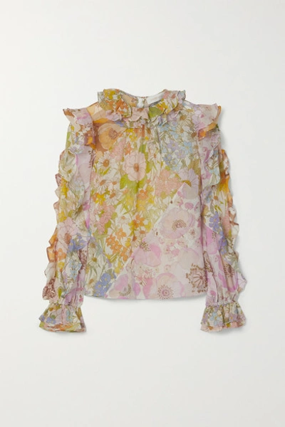 Shop Zimmermann Super Eight Ruffled Floral-print Cotton And Silk-blend Voile Top In Pink