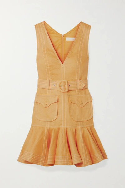 Shop Zimmermann Super Eight Tiered Belted Linen Mini Dress In Saffron