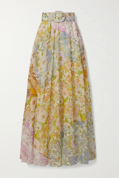 Shop Zimmermann Super Eight Belted Floral-print Cotton And Silk-blend Voile Maxi Skirt In Pink