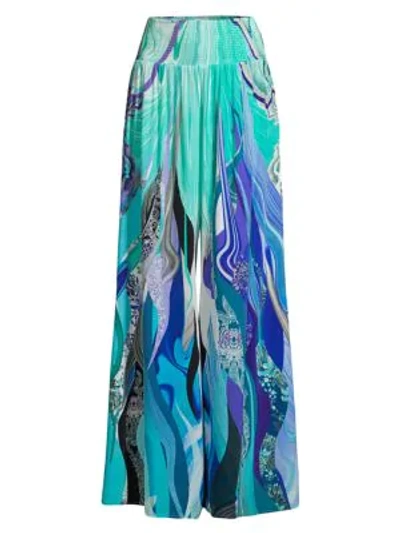 Shop Camilla Mother Aquatic-print Smock-waist Silk Pants In Blue