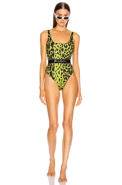 Shop Versace Leopard One Piece Swimsuit In Lime & Black