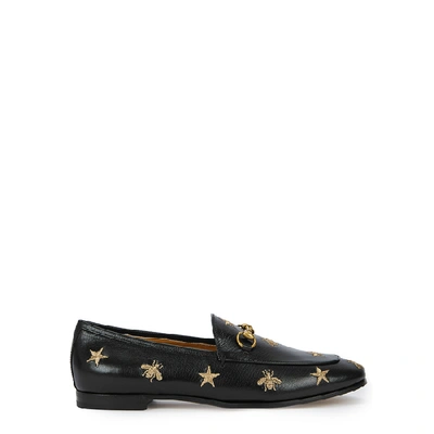 Shop Gucci Jordaan Black Embroidered Leather Loafers
