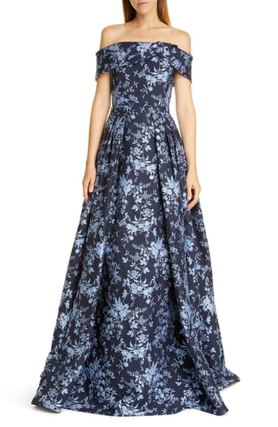 Shop Pamella Roland Floral Jacquard Off The Shoulder Ballgown In Sapphire Multi