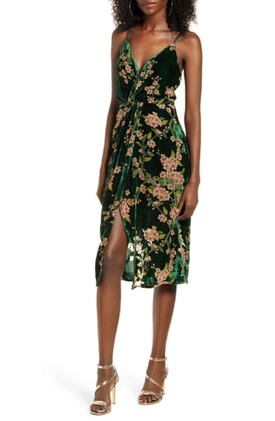 Shop Joa Floral Twist Front Velvet Slipdress In Emerald Floral