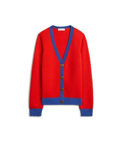 Shop Tory Burch Color-block Cashmere Cardigan In Brilliant Red/nautical Blue
