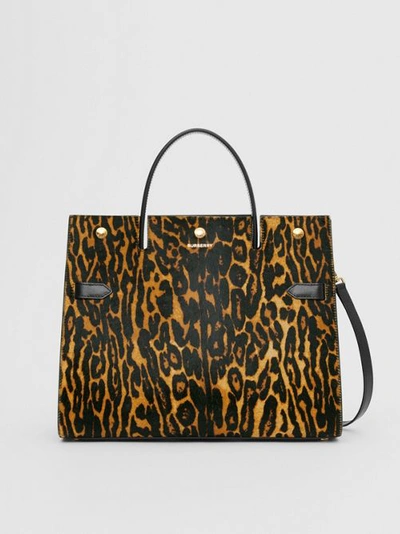Shop Burberry Medium Leopard Print Calf Hair And Leather Title Bag In Black