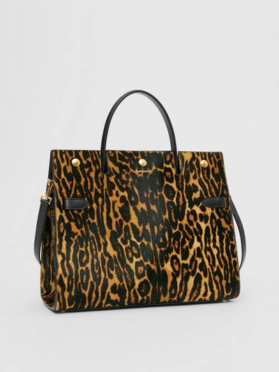 Shop Burberry Medium Leopard Print Calf Hair And Leather Title Bag In Black