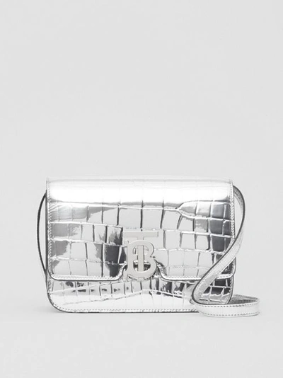 Shop Burberry Small Metallic Embossed Tb Bag In Silver