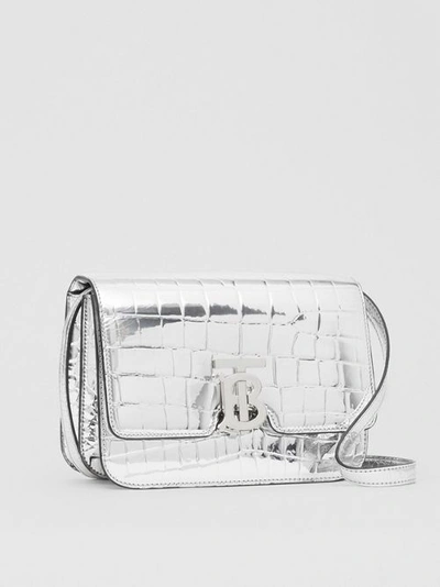 Shop Burberry Small Metallic Embossed Tb Bag In Silver