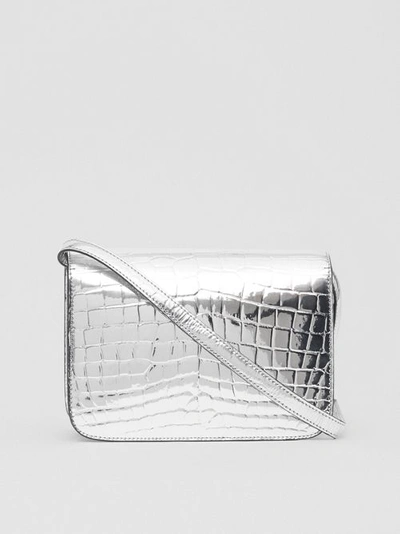 Shop Burberry Small Metallic Embossed Tb Bag In Silver