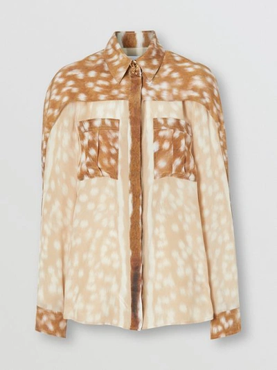 Shop Burberry Cape Sleeve Deer Print Silk Shirt In Soft Fawn