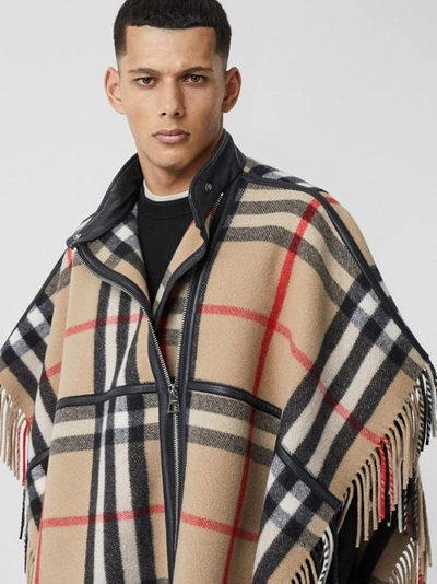 Shop Burberry Check Wool Blend Zip-front Cape In Archive Beige
