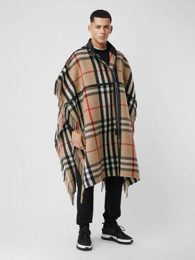 Shop Burberry Check Wool Blend Zip-front Cape In Archive Beige