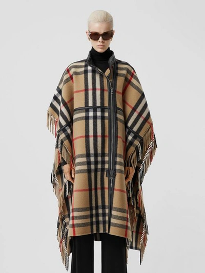 Shop Burberry Check Wool Blend Zip-front Cape In Archive Beige