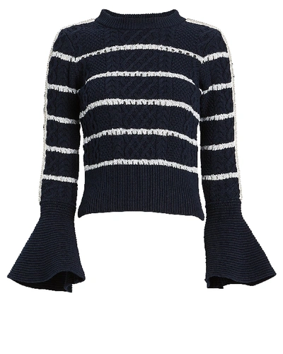 Shop Self-portrait Striped Cable Knit Sweater In Navy