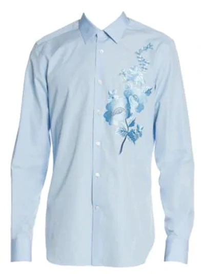 Shop Alexander Mcqueen Floral Embroidered Sport Shirt In Sky Blue