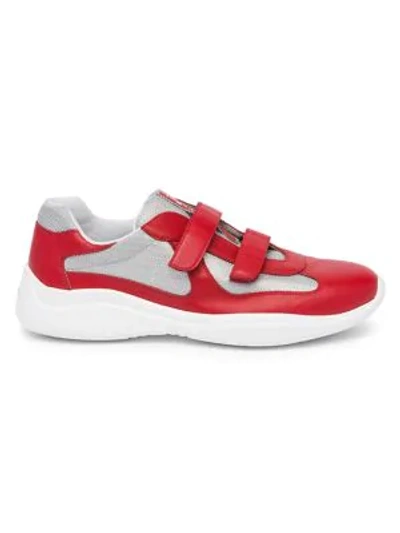 Shop Prada Amercia's Cup Leather & Technical Fabric Sneakers In Red Silver