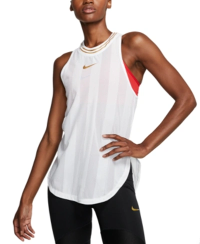 Shop Nike Women's Glam Metallic-logo Racerback Tank Top In White/metallic Gold