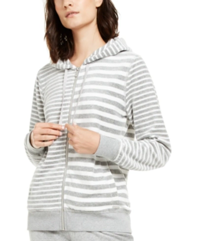 Shop Calvin Klein Velour Mixed-stripe Zip-up Hoodie In Heather Granite/milk