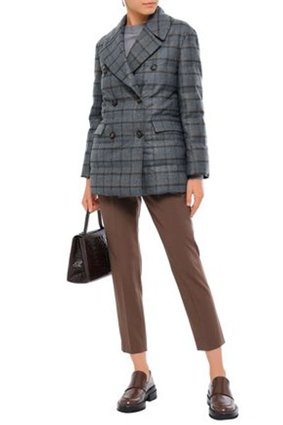 Shop Brunello Cucinelli Double-breasted Checked Metallic Wool-blend Down Coat In Anthracite