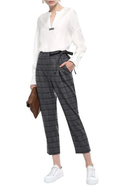 Shop Brunello Cucinelli Cropped Metallic Checked Wool-blend Tapered Pants In Anthracite