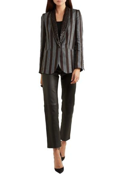 Shop Brunello Cucinelli Woman Sequin And Bead-embellished Striped Linen Blazer Black