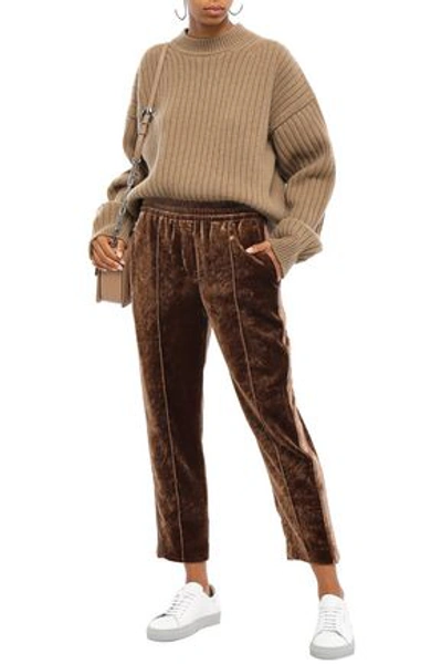 Shop Brunello Cucinelli Bead-embellished Velvet Track Pants In Light Brown