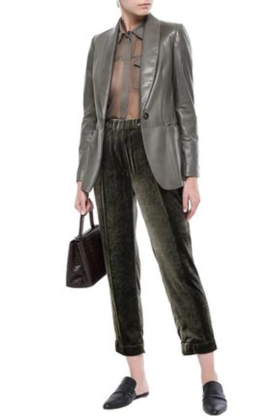 Shop Brunello Cucinelli Cropped Velvet Tapered Pants In Army Green