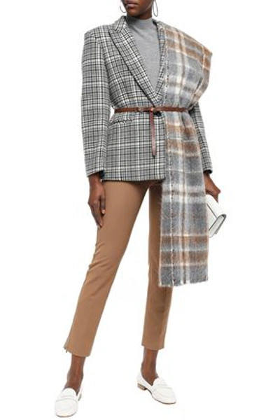 Shop Brunello Cucinelli Woman Embellished Frayed Checked Alpaca And Wool-blend Scarf Brown