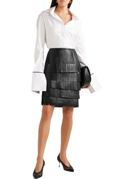 Shop Michael Kors Collection Woman Tiered Fringed Leather Mini Skirt Black
