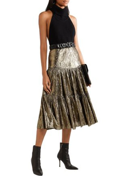 Shop Michael Kors Collection Woman Gathered Metallic Silk-blend Midi Skirt Gold