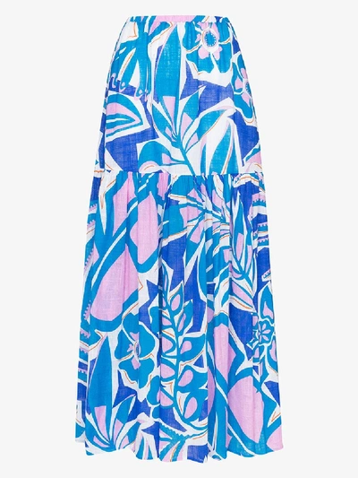 Shop Emilio Pucci Printed Tiered Cotton Maxi Skirt In Blue