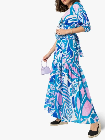 Shop Emilio Pucci Printed Tiered Cotton Maxi Skirt In Blue